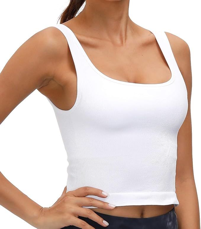 Sports Bra for Women Workout Crop Tops Scoop Neck Longline Sports Bras Seamless Yoga Tank Tops wi... | Amazon (US)