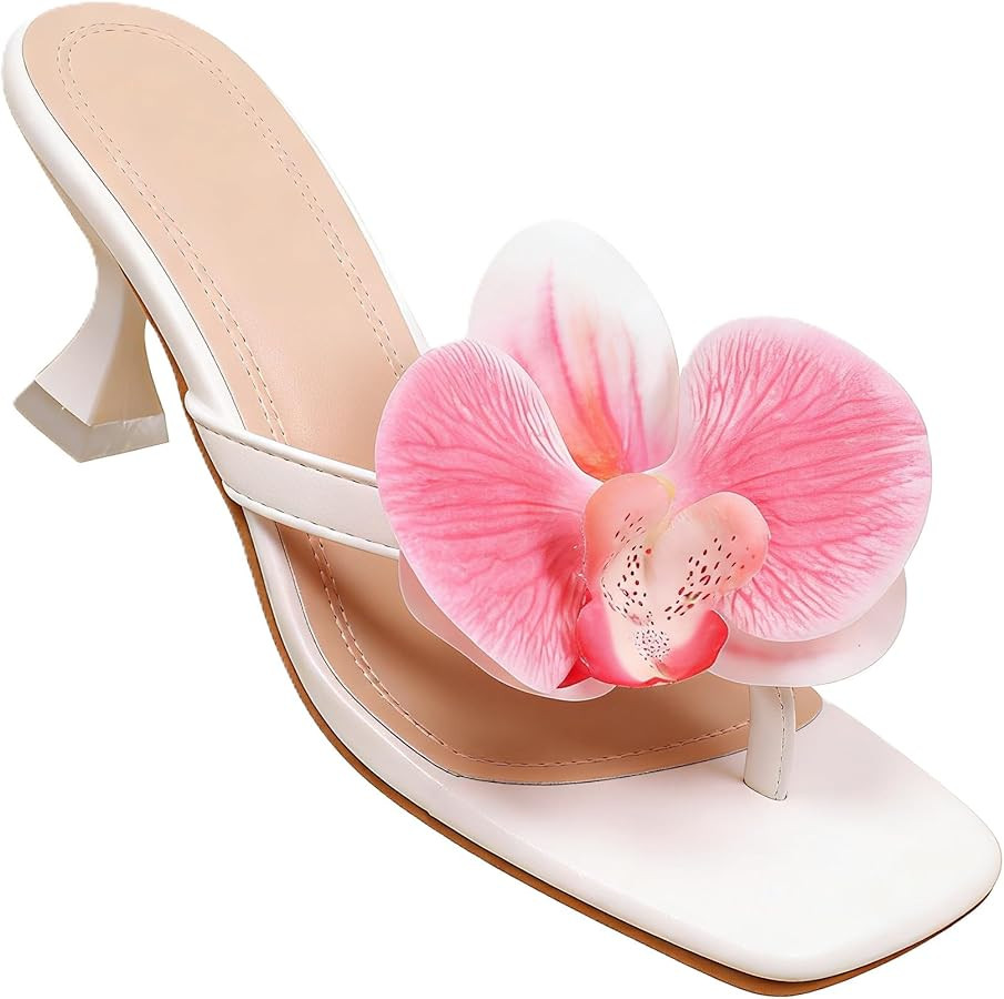 Women's Square Toe Thong Heeled Flip Flops-Kitten Heel Sandals with 3D Orchid Butterfly Rhineston... | Amazon (US)