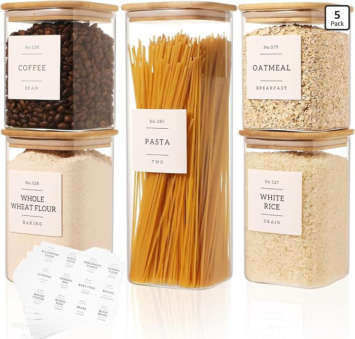 5 Pack Square Glass Pantry Storage Containers with 132 Kitchen Food Pantry Labels - Clear Glass P... | Amazon (US)