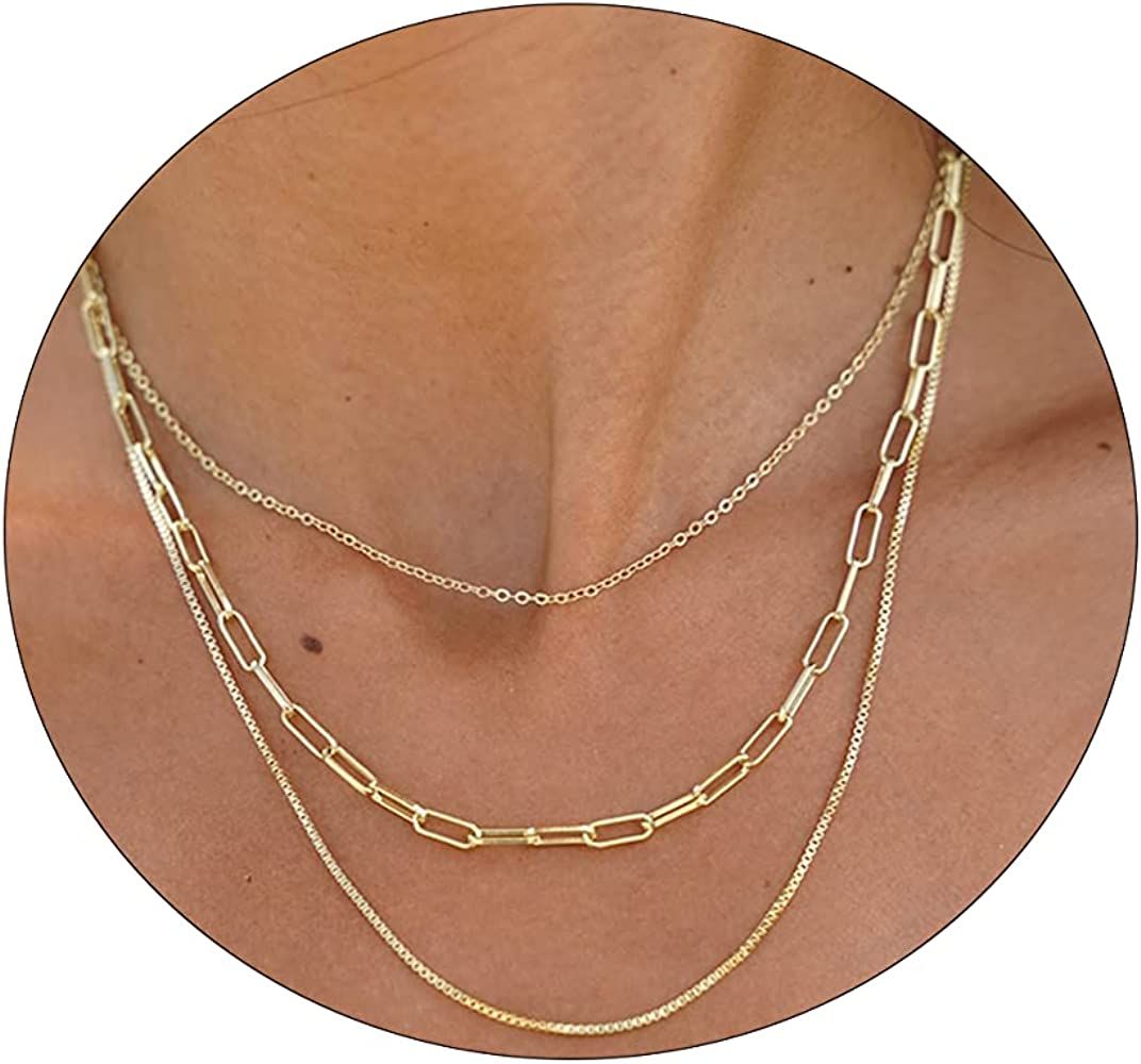 Viromy Dainty Gold Necklace for Women 14K Gold Plated Layered Satellite Necklaces Trible Layering... | Amazon (US)