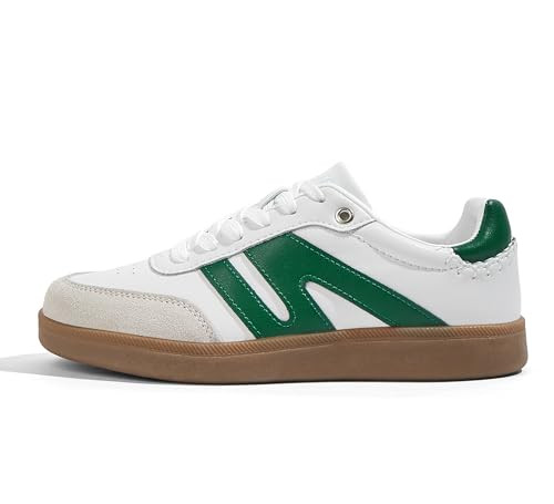 LUCKY STEP Women Classic Retro Gum Sole Fashion Sneakers Casual Tennis Skate Shoe Genuine Leather Walking Footwear Anti Slip Trainers(White/Green,9) | Amazon (US)