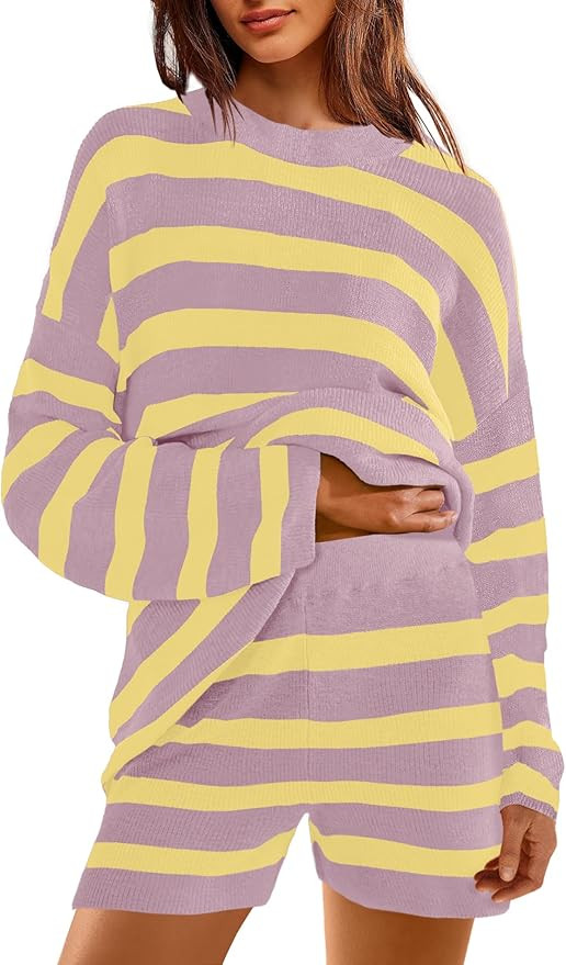 Yanekop Womens Striped Sweater Sets Tunic Matching Set Oversized Lounge Sets 2 Piece Long Sleeve ... | Amazon (US)