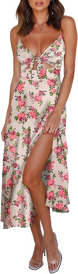 Amazon.com: Dokotoo Womens Ladies Elegant Satin Dresses Summer Beach Floral Print Spaghetti Strap... | Amazon (US)