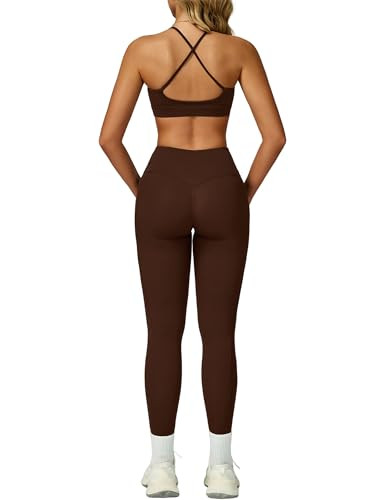 Two Piece Workout Sets For Women Sleeveless Backless Sport Bra Matching High Waist Scrunch Butt Leggings 2 Piece Womens Athletic Work Out Clothes Gym Yoga Active Wear Outfits Cross Back Coffeey L | Amazon (US)