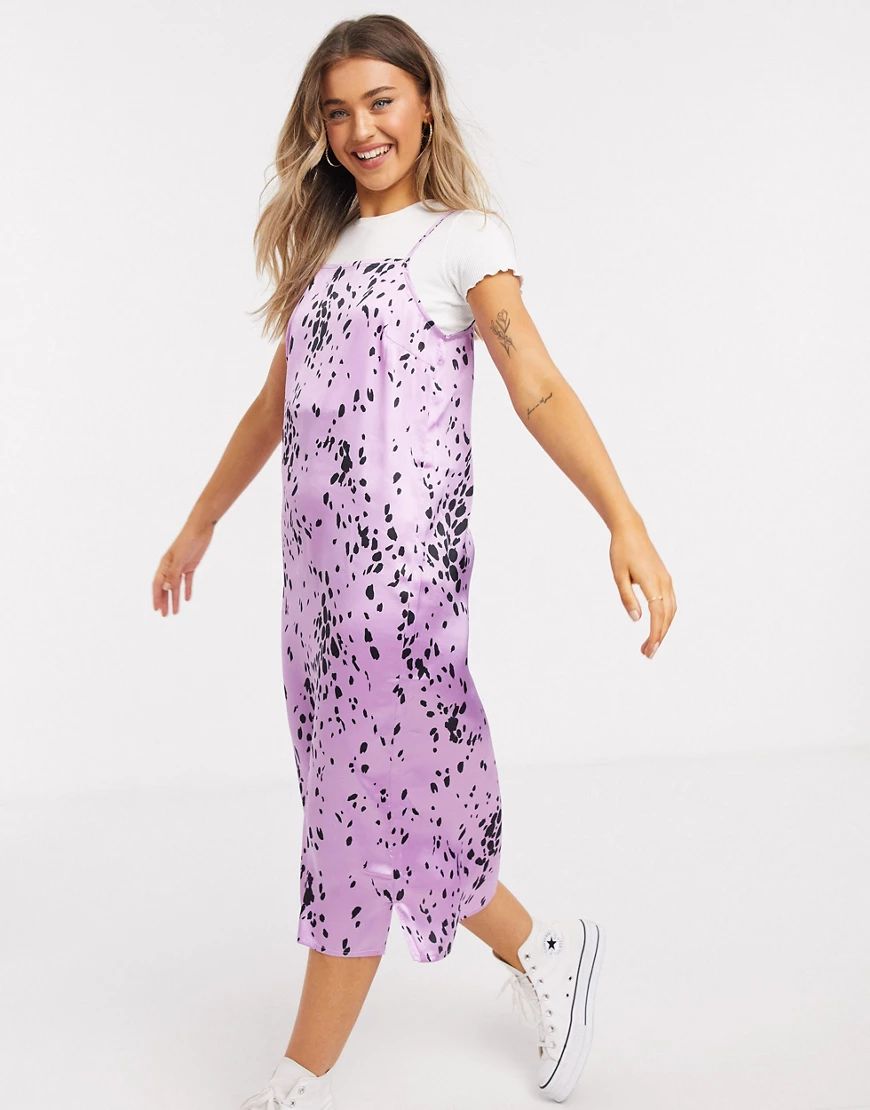 Influence satin cami strap slip midi dress in lilac dalmation scatter print-Purple | ASOS (Global)