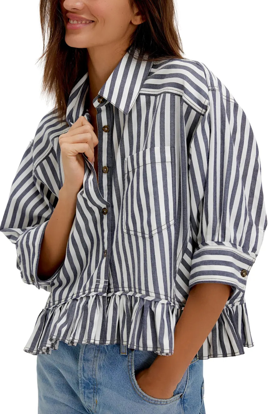 Bailey Stripe Ruffle Hem Cotton Button-Up Shirt | Nordstrom