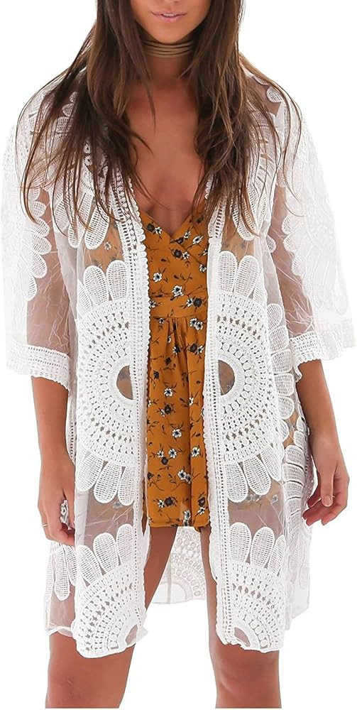 shermie Women's Short Sleeve Summer Lightweight Kimono Loose Long Floral Swimsuits Cover Up | Amazon (US)