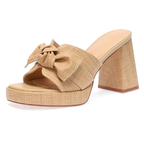 Monrovia Women's Raffia Platform Slide Heels – Chunky Bow Block Heels, Open Toe Summer Dressy Heeled Sandals Apricot Size 8 | Amazon (US)