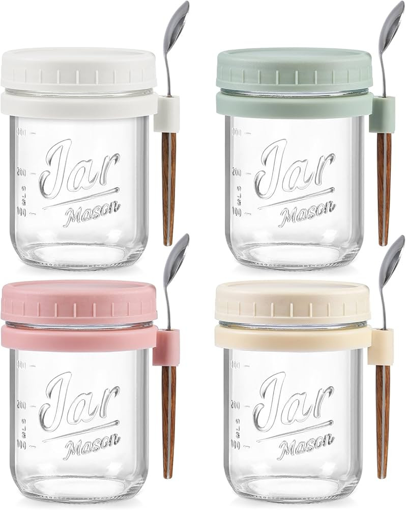 4 Pack Overnight Oats Containers with Lids and Spoons, 16 oz Glass Mason Jars with Airtight Lids,... | Amazon (US)