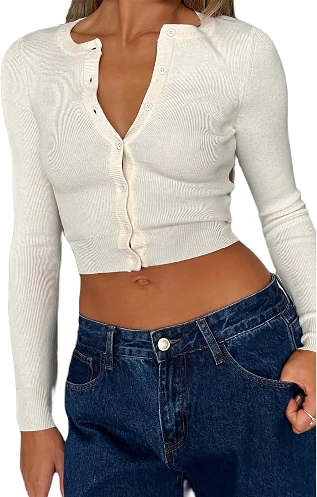 Giraropa Women's 2024 Cropped Cardigan Long Sleeve Button Down Lightweight Shrug Ribbed Knit Swea... | Amazon (US)
