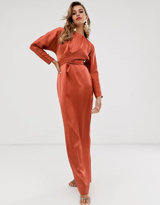 ASOS DESIGN maxi dress with batwing sleeve and wrap waist in satin | ASOS US