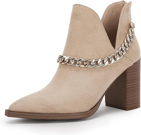 Womens Cutout Booties Chain Pointed Toe Stacked High Heel Back Zipper Casual Ankle Boots | Amazon (US)