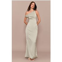 Sage Green Satin Asymmetric Bardot Twist Maxi Dress | PrettyLittleThing US