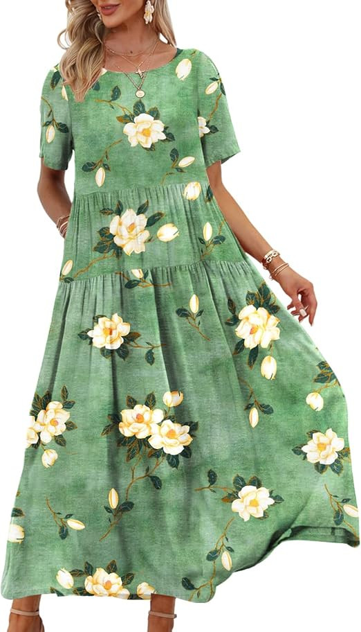 YESNO Women Casual Loose Bohemian Floral Dress with Pockets Short Sleeve Long Maxi Summer Beach S... | Amazon (US)
