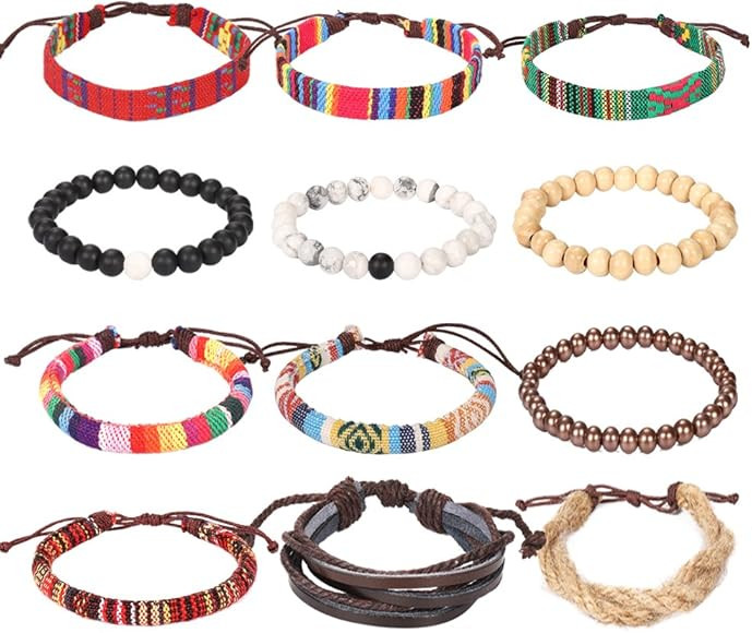 Wrap Bead Braided Tribal Leather Woven Stretch Bracelet - 12 Pack Boho Hemp Linen String Bracelet... | Amazon (US)