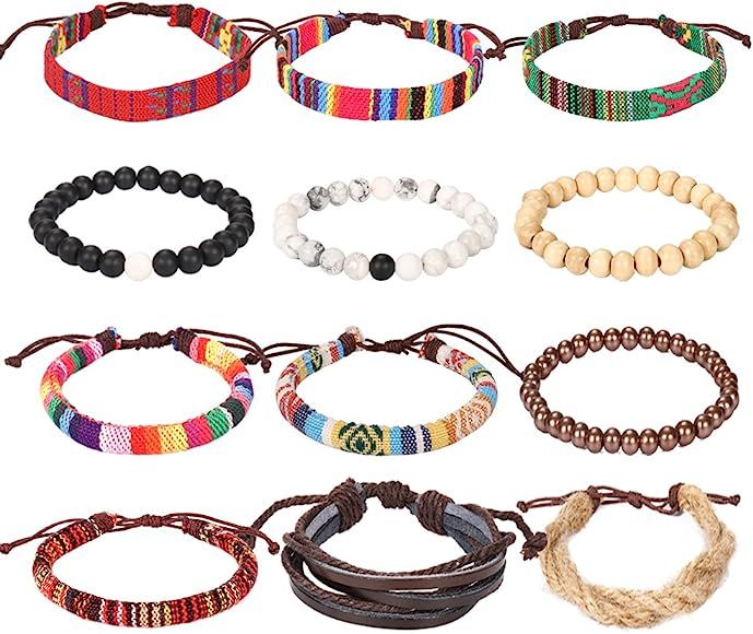 Wrap Bead Braided Tribal Leather Woven Stretch Bracelet - 12 Pack Boho Hemp Linen String Bracelet... | Amazon (US)