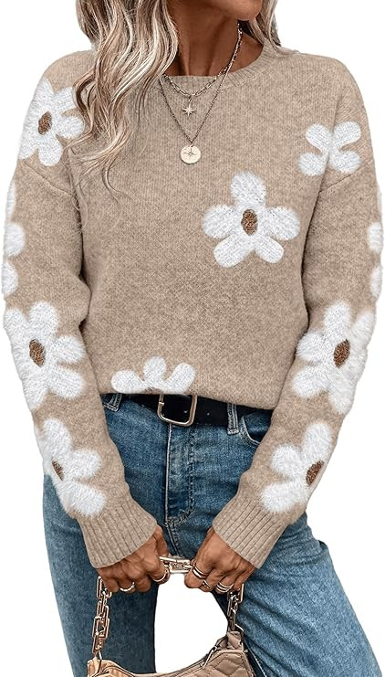 SHENHE Women's Floral Pattern Crewneck Long Sleeve Drop Shoulder Sweaters Pullover Tops | Amazon (US)