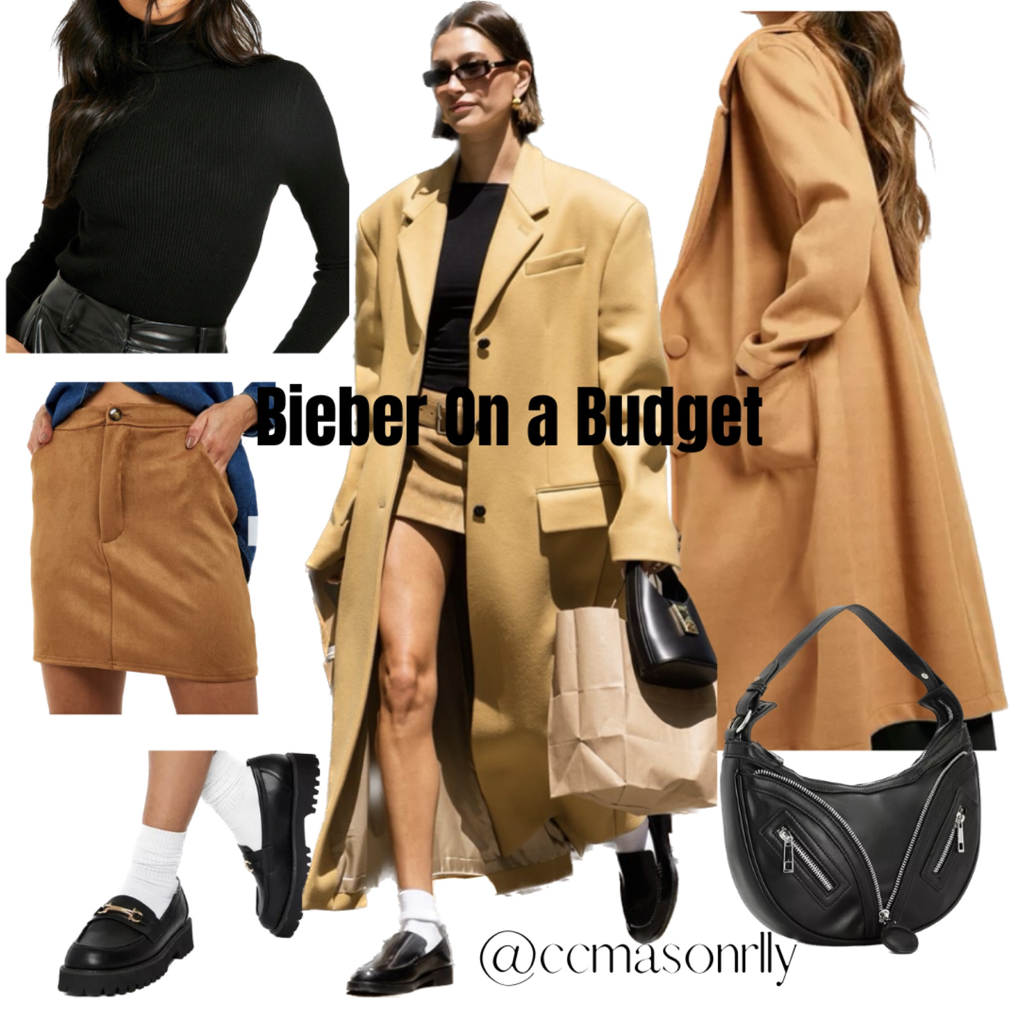 Haley Beiber style on a Budget. 
This entire look is under $200. Check it out!
Hailey is styling an oversized coat with a mini skirt, a black top , loafers with ankle socks and a black bag  

#LTKstyletip #LTKshoecrush #LTKSeasonal