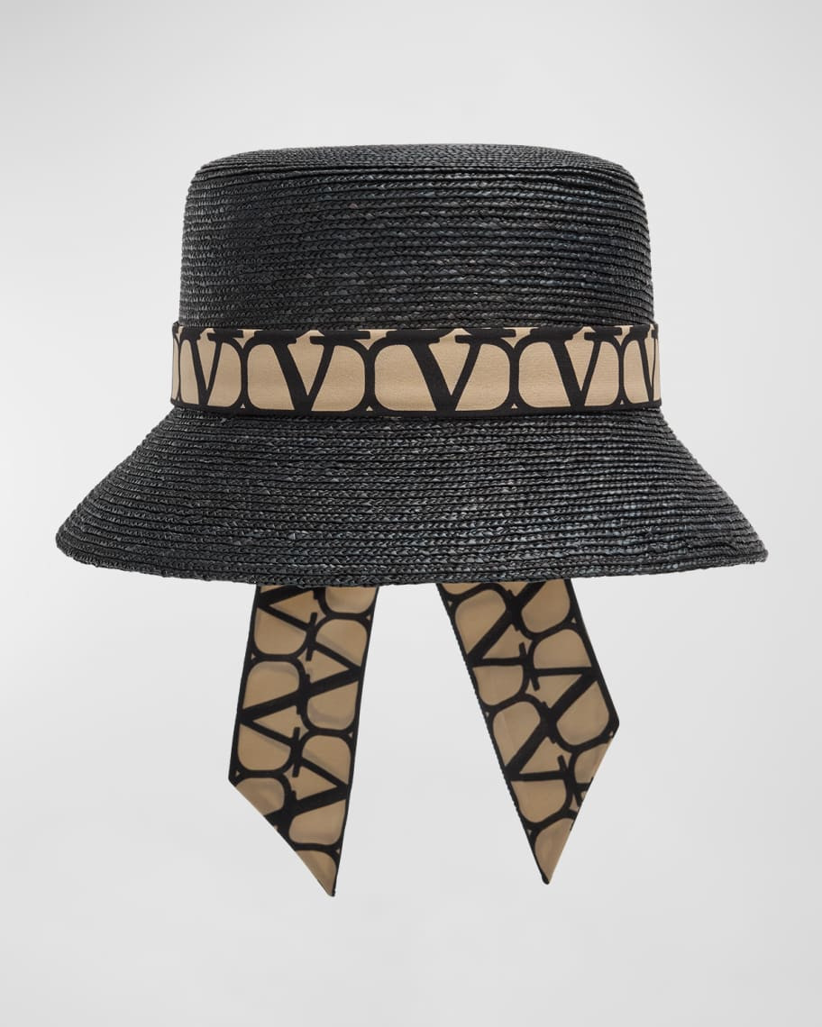 Valentino Garavani Toile Iconographe Straw Bucket Hat With V-Logo Scarf | Neiman Marcus