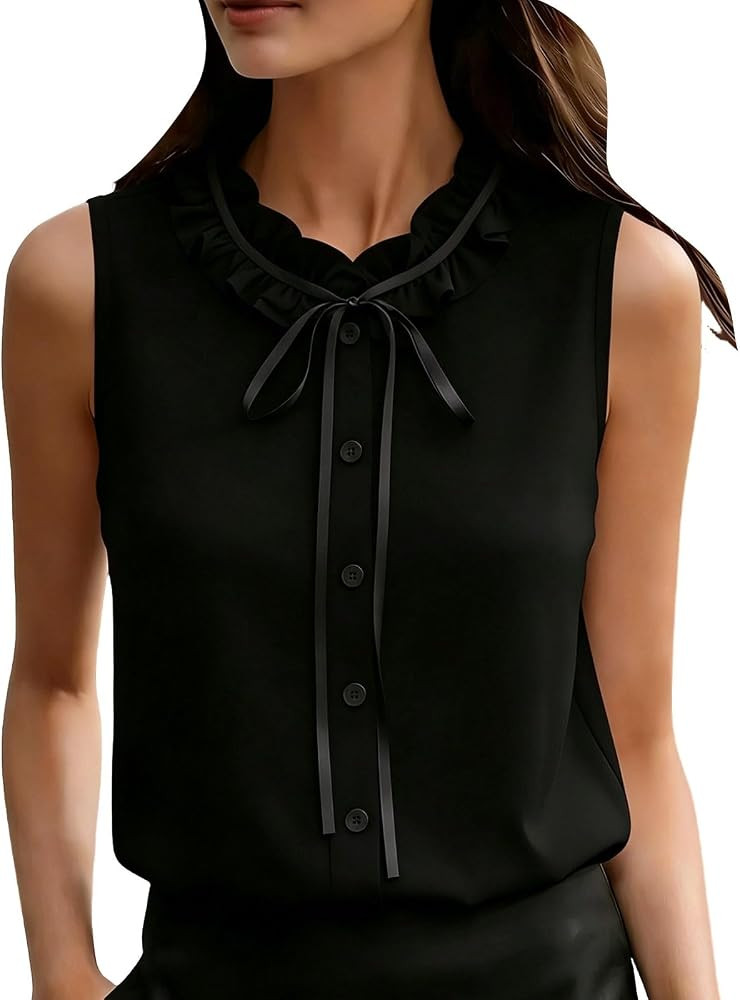 Cute Summer Tops for Women Solid Blouse Crewneck Sleeveless Button Down Tank Top Ruffle Bow Tie W... | Amazon (US)