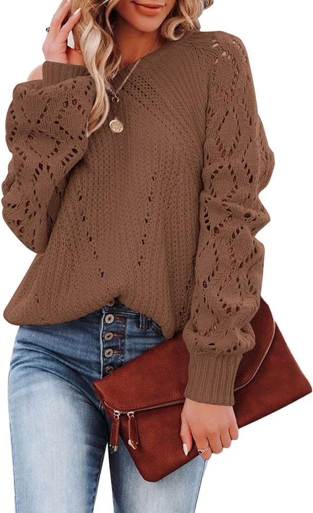 Sidefeel Women Crochet Hollow Out Crewneck Long Sleeve Knit Sweaters Pullover Jumper Tops | Amazon (US)