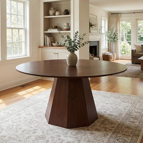 BESTANO 59" Round Dining Table for 4-6 People, Kitchen Dining Room Table with Wooden Pedestal Bas... | Amazon (US)