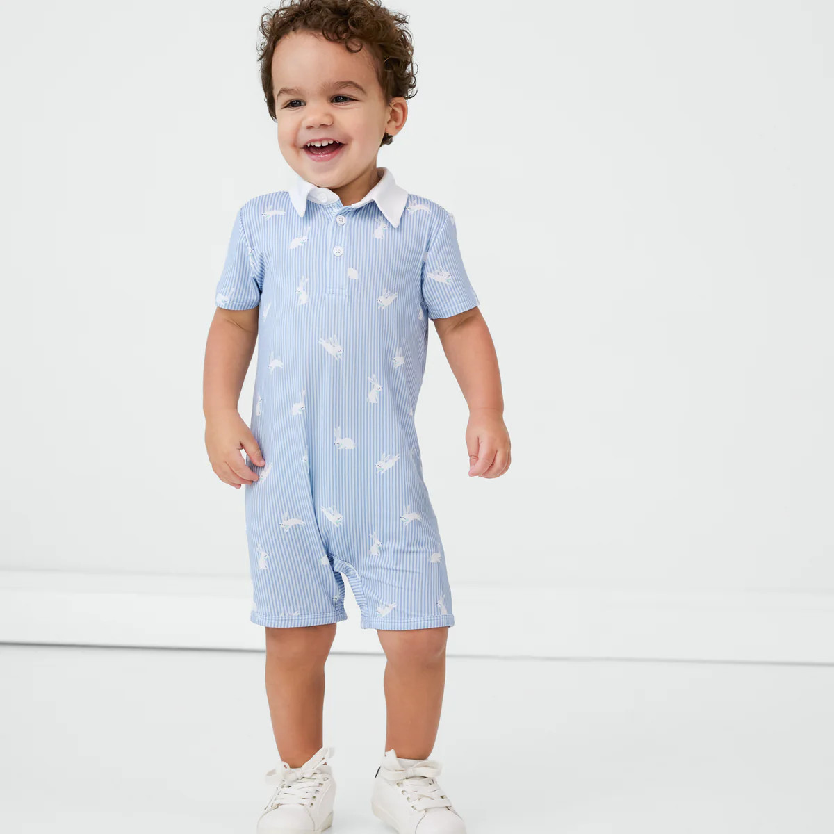 Bunny Stripe Polo Shorty Romper | Little Sleepies