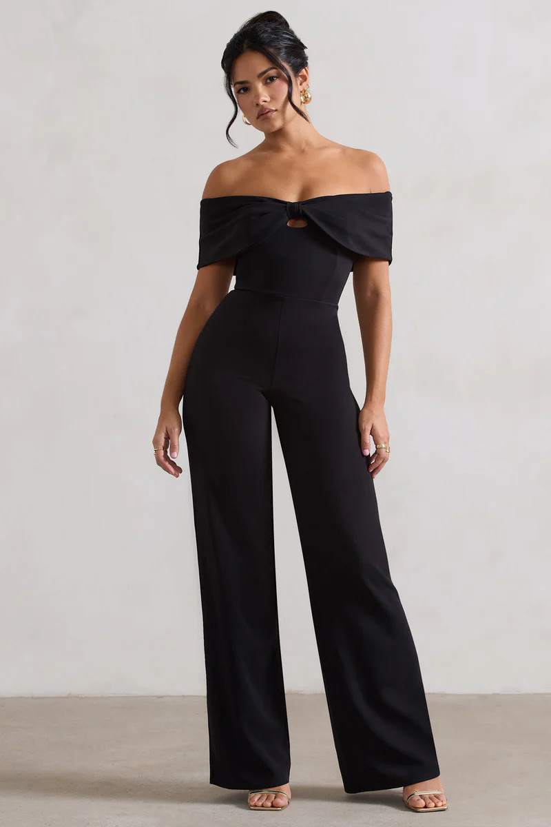 Harleen | Black Bow Bardot Wide-Leg Jumpsuit | Club L London