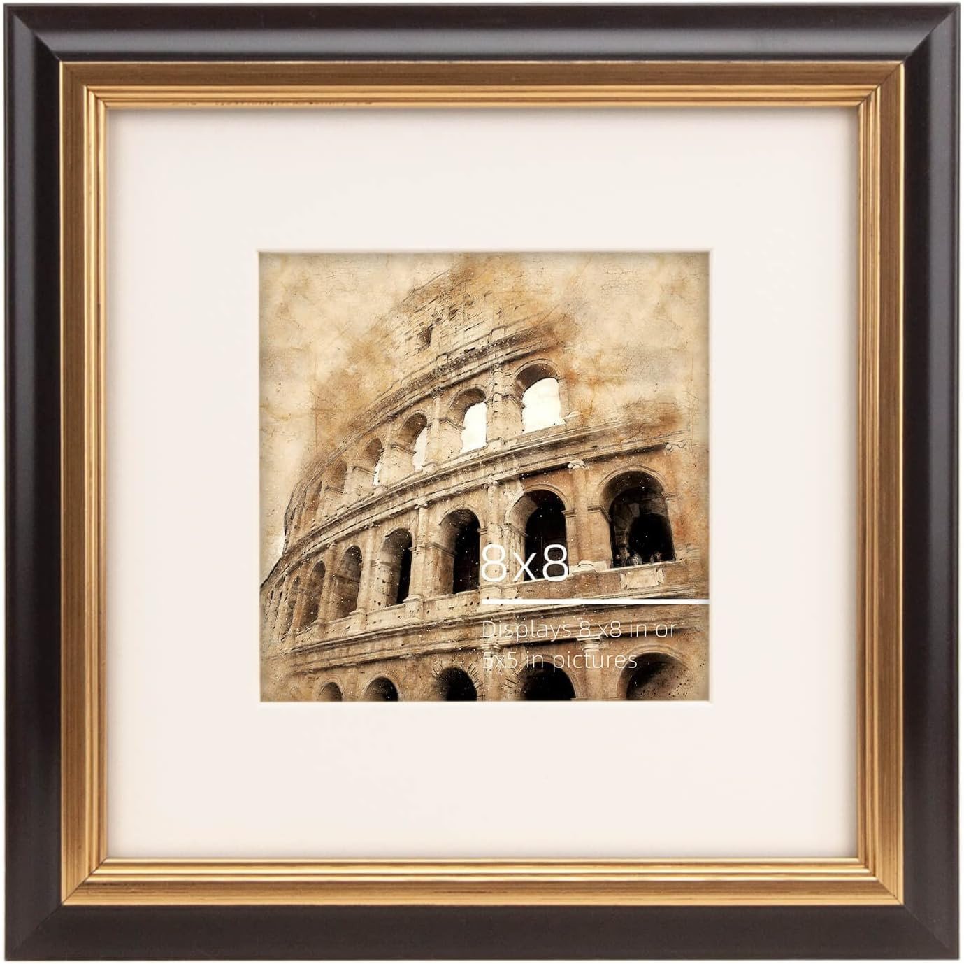 8x8 Black Vintage Neutral Picture Frame, Hand Painted Solid Wood Profile and Antique Metallic Gold Foil Border, Creamy Museum Archival Matted for 5x5, Bronze Inner | Amazon (CA)