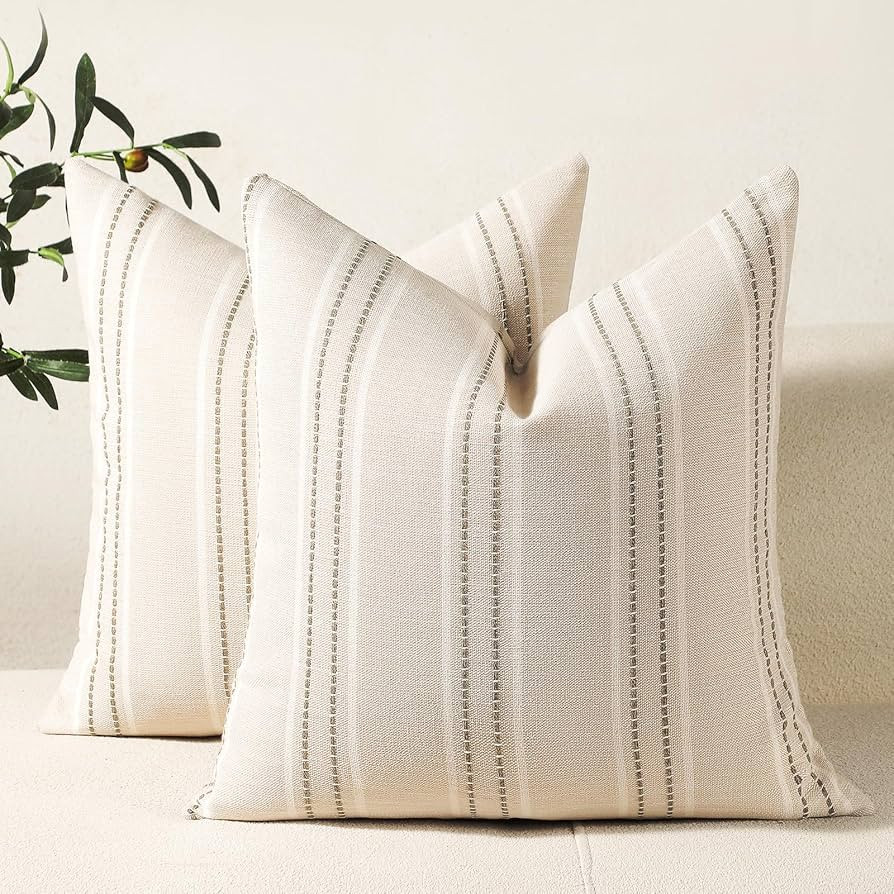 Hckot Throw Pillow Covers 20x20 Set of 2 Striped Pillow Covers Textured Linen Decorative Pillows Square Cushion Covers for Sofa Couch Bed Living Room Farmhouse Decor, Green | Amazon (US)