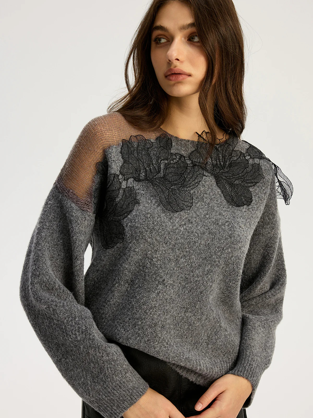 Floral lace Sweater Semi Sheer Round Neck Sweater | Commense