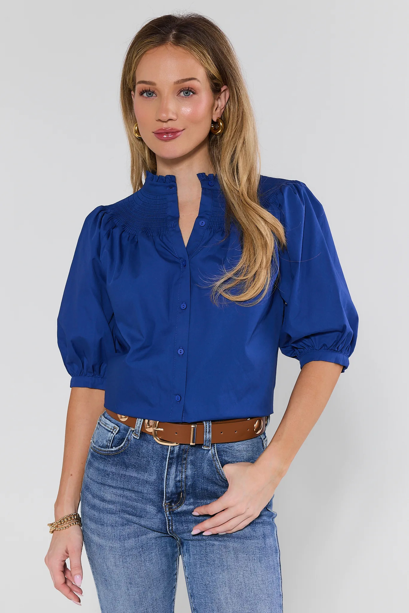 Louisa Blue Smocked Puff Sleeve Top | Avara