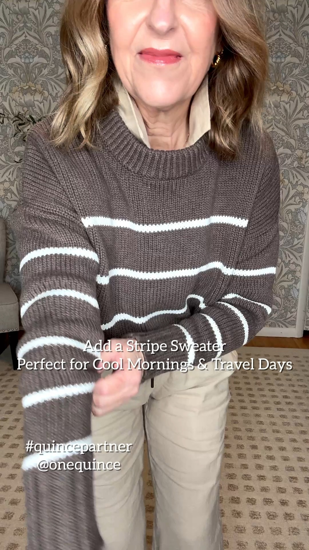 Layer a quince striped sweater over the linen set for another look. Perfect for cold mornings and travel. The sweater fits ￼ true to size. I’m wearing an extra small; other stripes and colors are available, too. I like to wear it tucked, untucked, and tied around my shoulders. 

I’m wearing extra small in the top and bottom, and this color is driftwood. 

@quince #quincepartner 

#LTKootd #LTKOver40 #LTKTravel