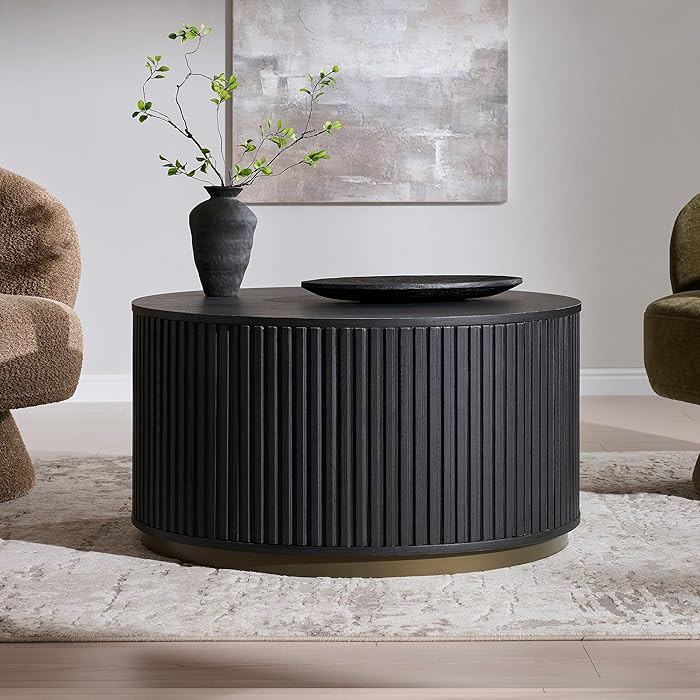 33" Round Coffee Table with Storage, Fluted Drum Coffee Table, Hidden Push-to-Open Drawer, Charco... | Amazon (US)