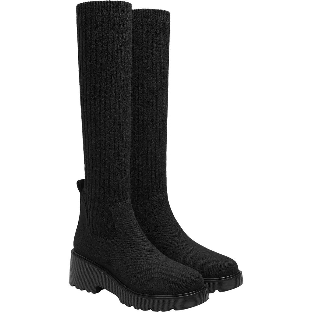 VIVAIA Round-Toe Knee-High Platform Chunky Wool Wedge Boots in Black at Nordstrom, Size 9.5 | Nordstrom