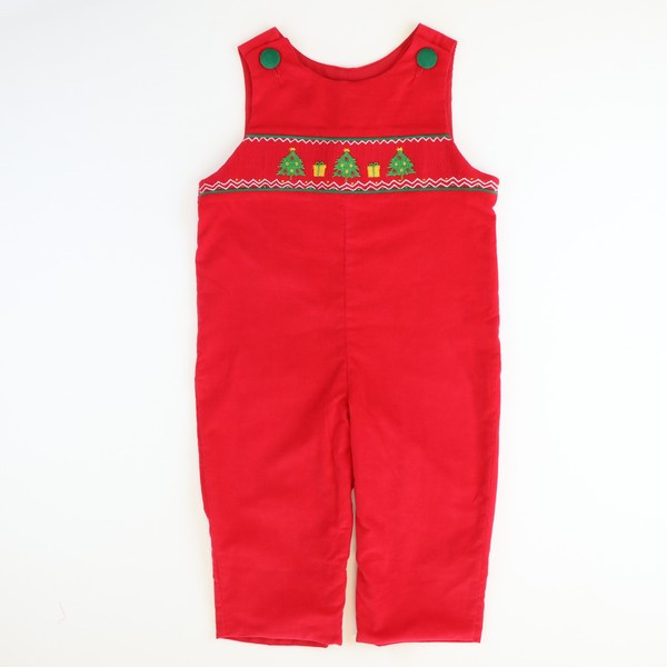 Smocked Christmas Trees & Presents Longall - Red Corduroy | Southern Smocked Co.