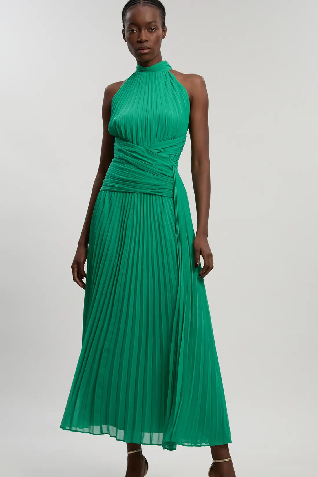 Pleated Twist Front Woven Halter Midi Dress | Karen Millen