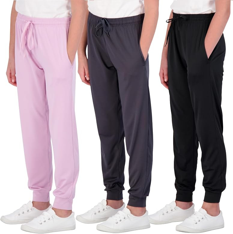 Real Essentials 3 Pack: Girls' Dry-Fit Jogger Sweatpants Soft Active Athletic Kids Joggers with P... | Amazon (US)