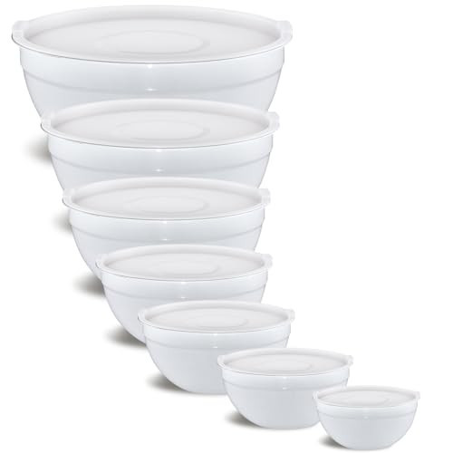 Onlycooker White Mixing Bowls With Airtight Lids,Stainless Steel Bowl,Salad Bowls 7 Piece Colorful Nesting Bowl White Kitchen Accessories,Size 7,3.6,2.7,2.1,1.5,1.1,0.8QT Stackable Design | Amazon (US)