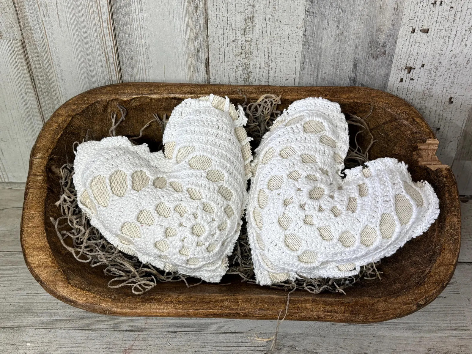 Set of 4 Linen and Crochet Fabric Hearts  / Valentine Bowl Filler Decor /Stamped Valentine's / Ne... | Etsy (US)