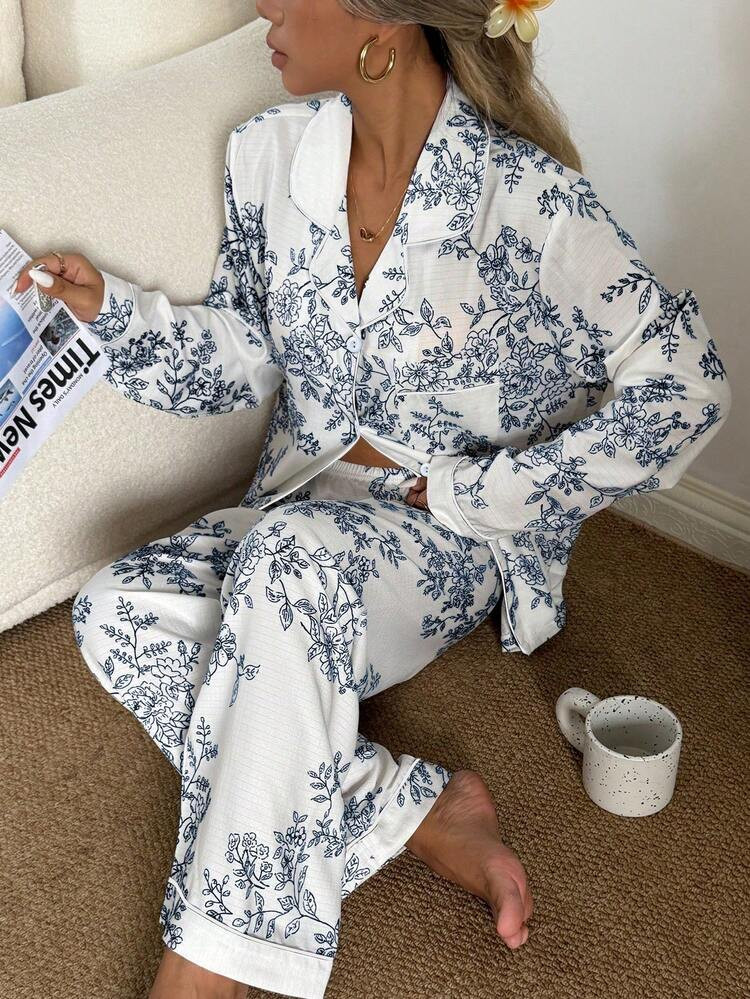 CottageSlumber Women's Bubble Crinkle Floral Print Long Sleeve Pajama Set | SHEIN