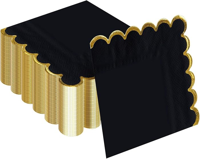 50 Pieces 2-Ply Black Scalloped Napkins with Gold Foil Cocktail Napkins Disposable Paper Napkins ... | Amazon (US)