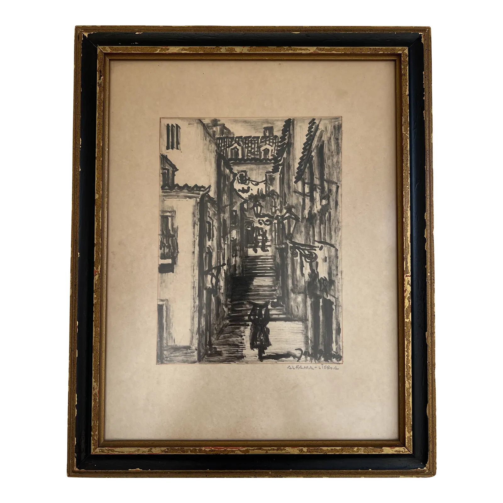 Vintage Framed Charcoal Drawing of European Alleyway | Chairish