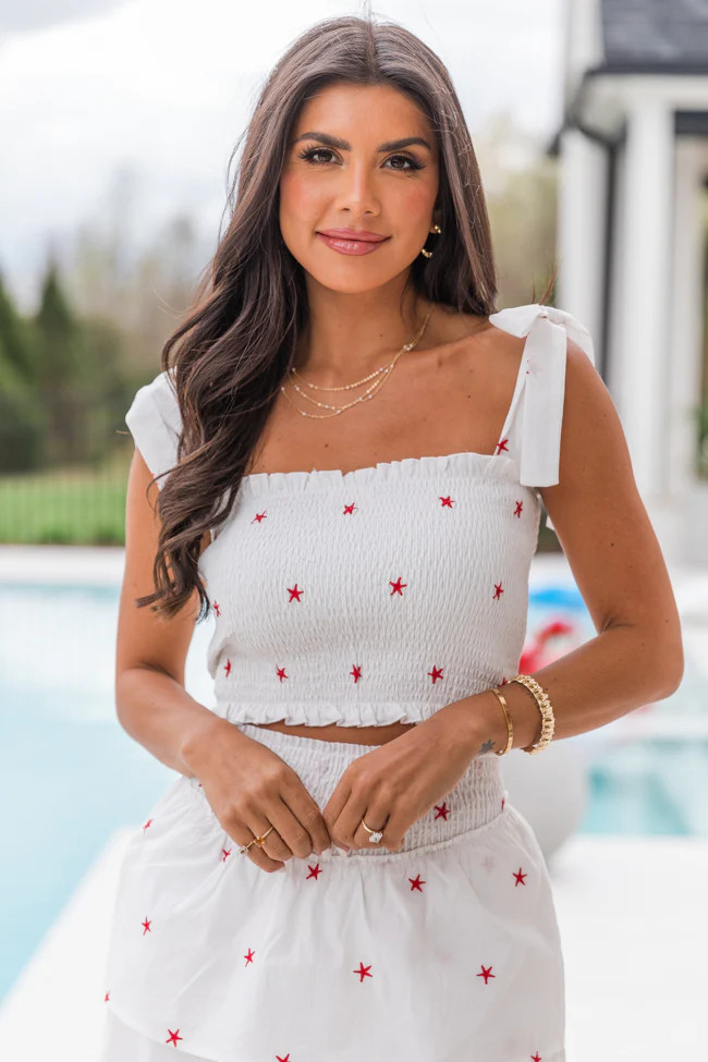 When Stars Align Ivory and Red Stars Smocked Tie Strap Tank | Pink Lily