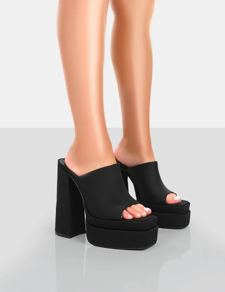 Skyhigh Black Satin Chunky Platform High Heeled Mules | Public Desire