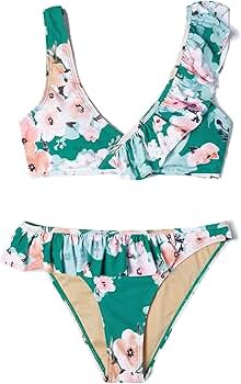 Women Two Pieces Ruffle Top Bikini Sets, Push up Floral Flounce Ruched Padded Bathing Suits | Amazon (US)