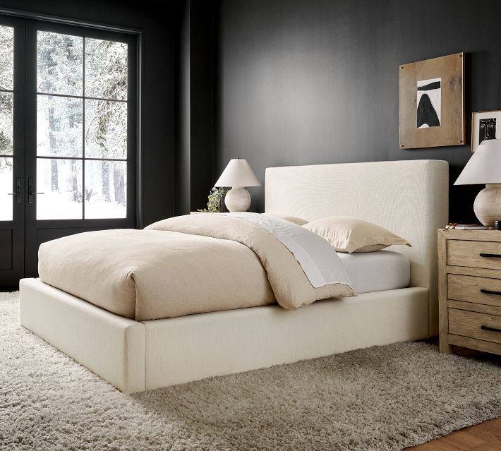 Carmel Upholstered Platform Bed King, Basketweave Slub Ivory | Pottery Barn (US)