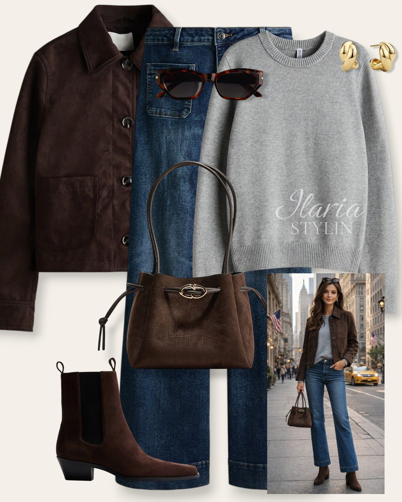 Chocolate suede & classic denim 🤎✨ cozy grey knit, rich brown layers, and effortless everyday elegance — timeless with a modern edge.

outfit ideas, brown jacket, twill jacket, short jacket, gray sweater,  blue jeans, wide leg jeans, brown boots, ankle boots, cowboy boots, western boots, suede boots, brown bag, napped bag, shoulder bag, casual outfit, casual chic outfit

#LTKootd #LTKSeasonal