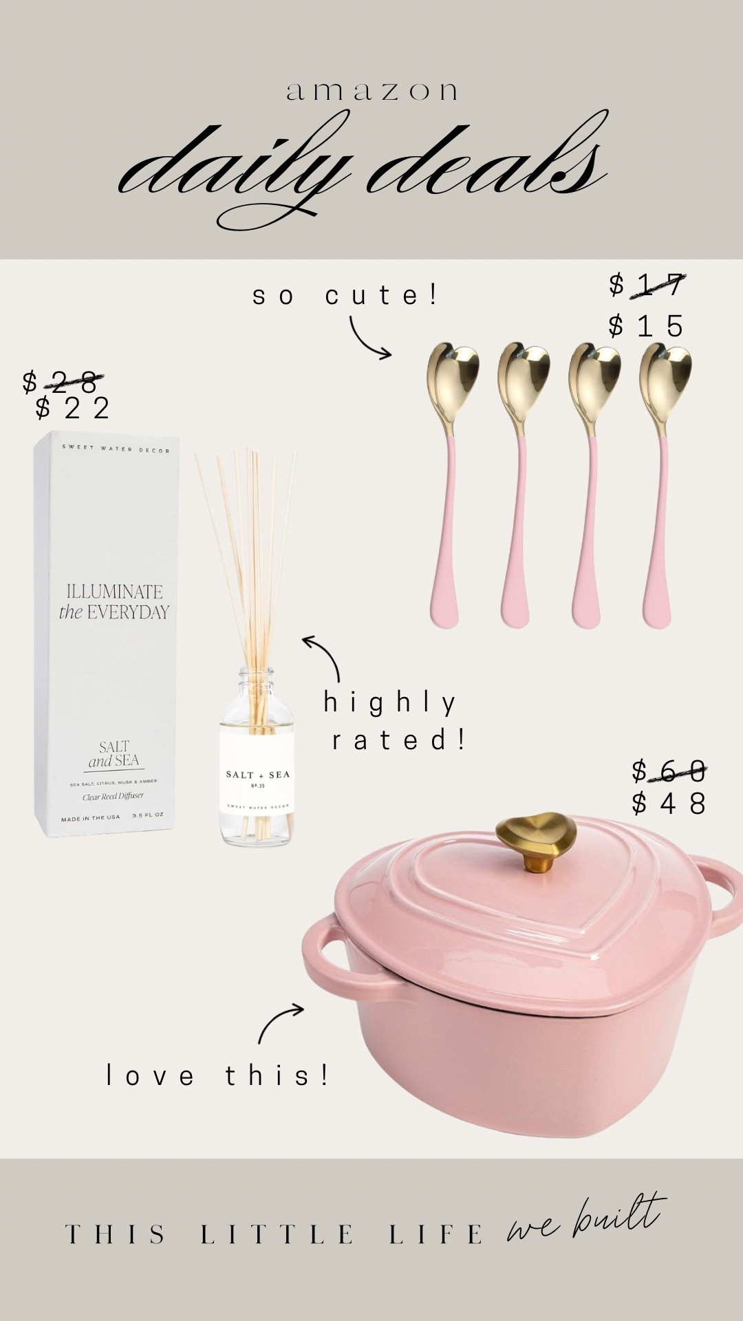 Amazon daily deals! 



Reed diffuser, heart cast iron Dutch oven, heart spoons

#LTKU #LTKSaleAlert #LTKHome