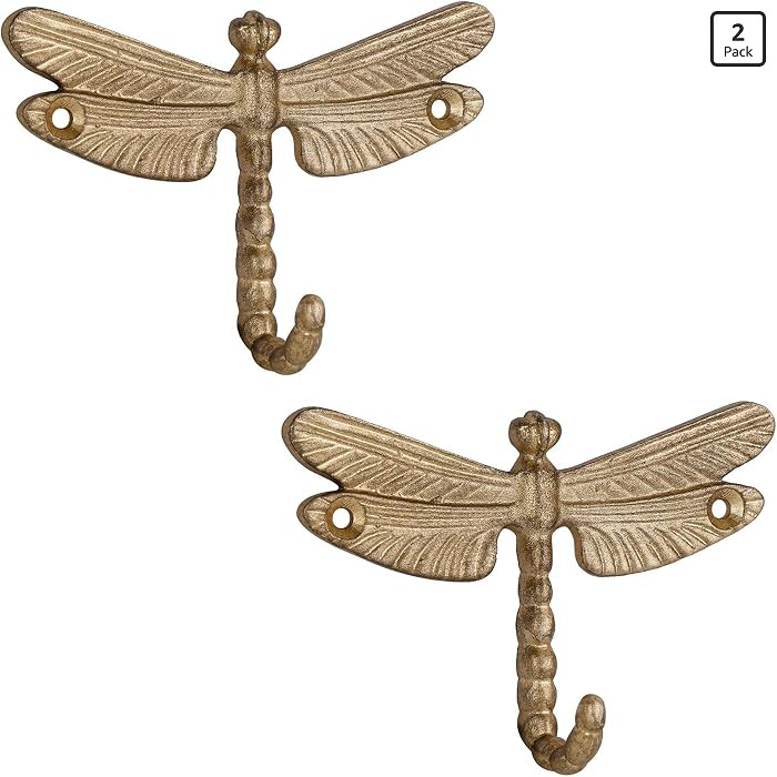 2PCS Metal Golden Dragonfly Wall Hooks, Rustic Bathroom Kitchen Hangers, Outdoor Patio Decor with... | Amazon (US)